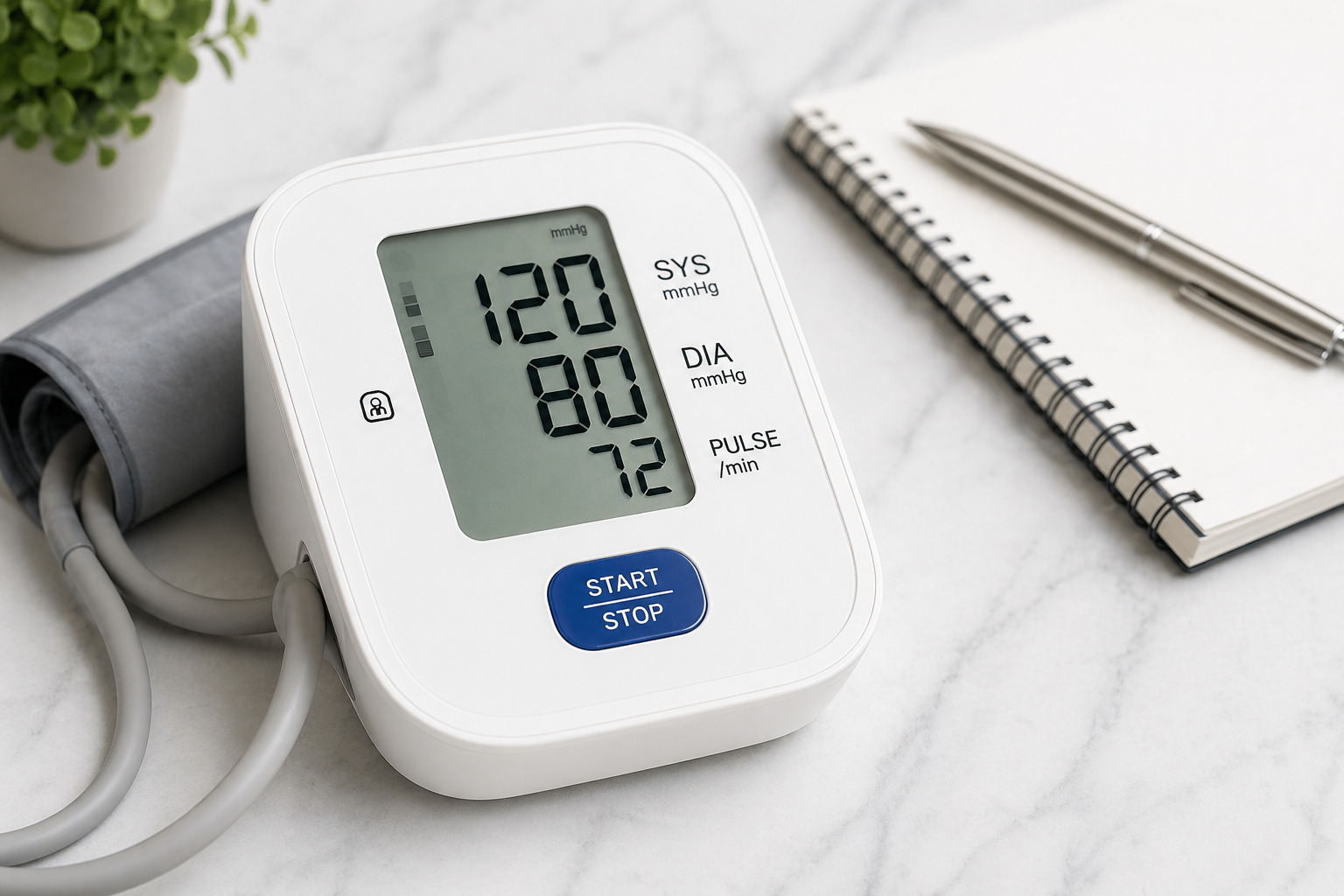 digital blood pressure monitor showing systolic and diastolic readings for hypertension tracking