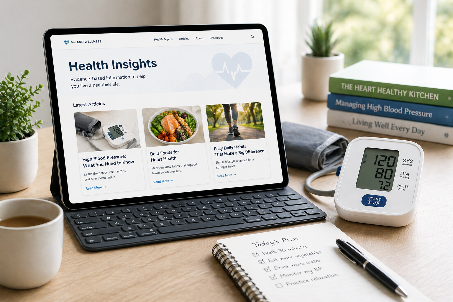 health blog on blood pressure management and heart health displayed on tablet