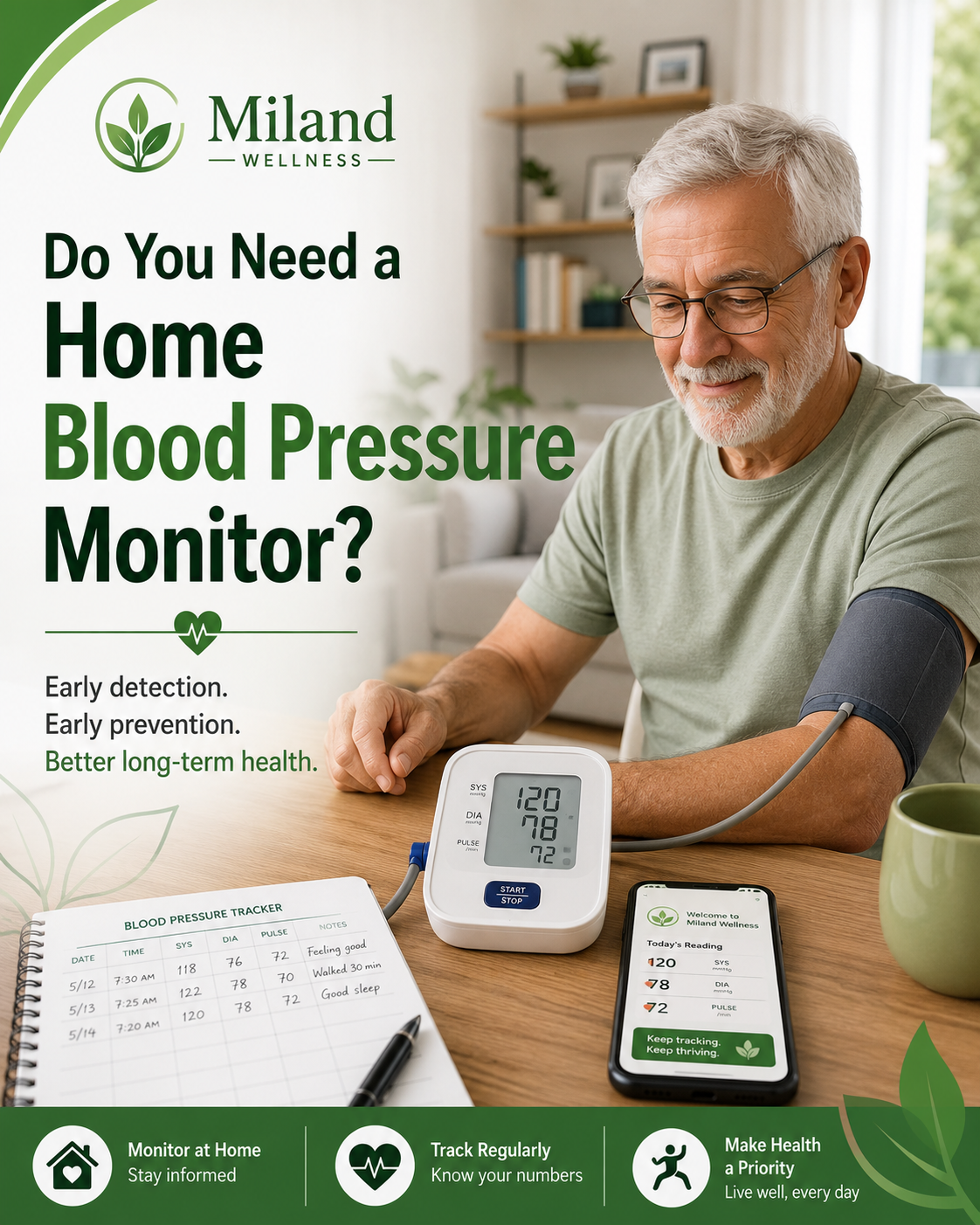 Older adult checking blood pressure at home with an upper-arm monitor